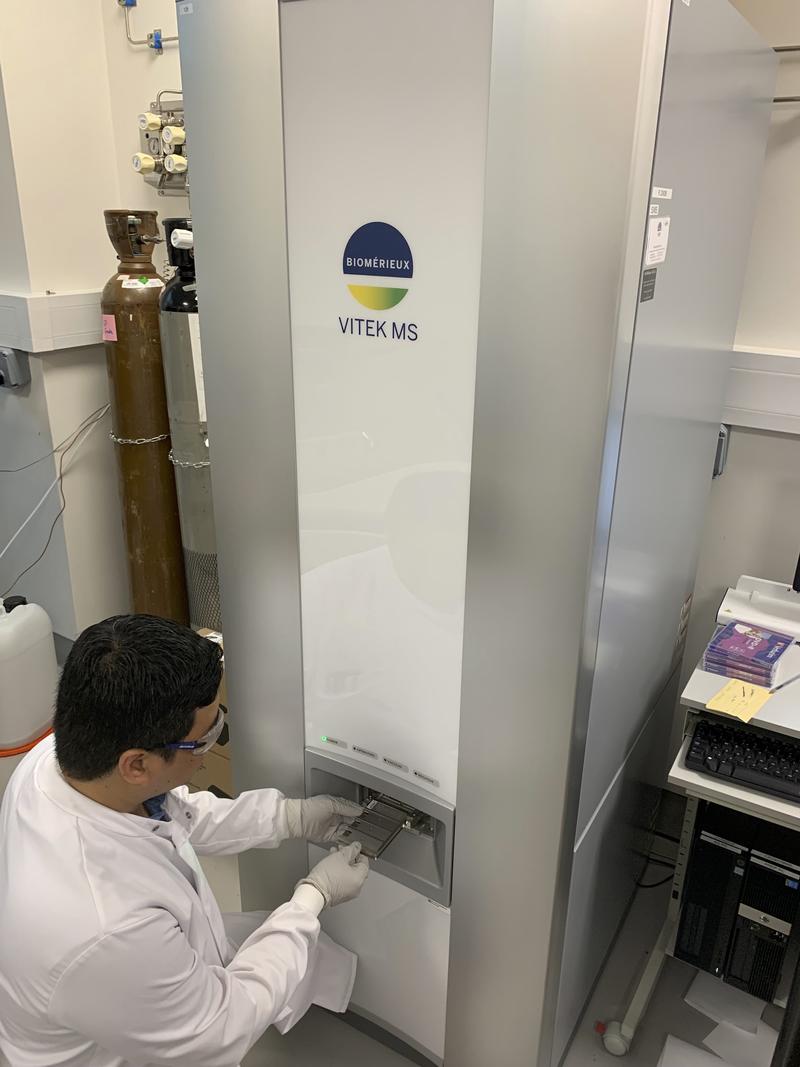 Yohan Arman using the Vitek MALDI MS system for vaccine authenticity testing